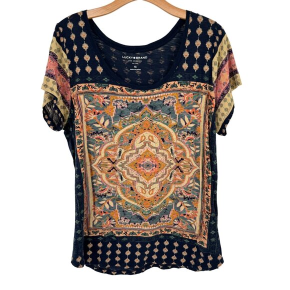 Lucky Brand Womens Boho Print Short Sleeve Top Gold blue medallion size 1X plus - Picture 2 of 13
